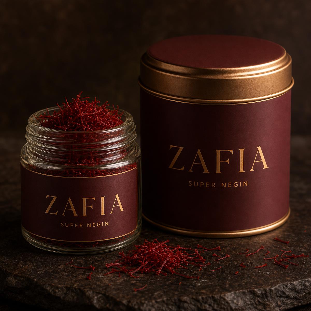 Zafia ontdekpakket: glazen pot van 1 gram en bordeaux blik van 3 gram saffraan